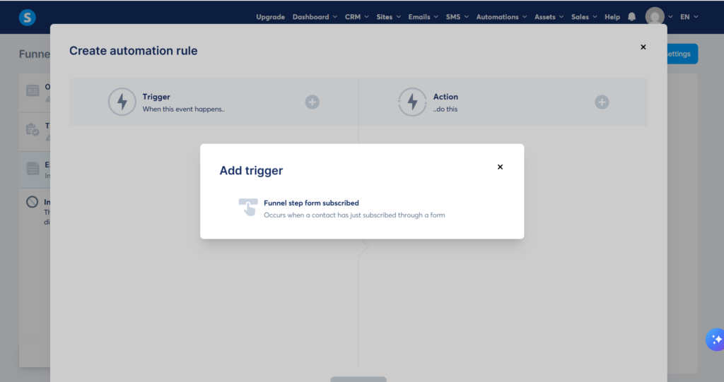 Configuring funnel step form subscription automation rules in systeme.io
