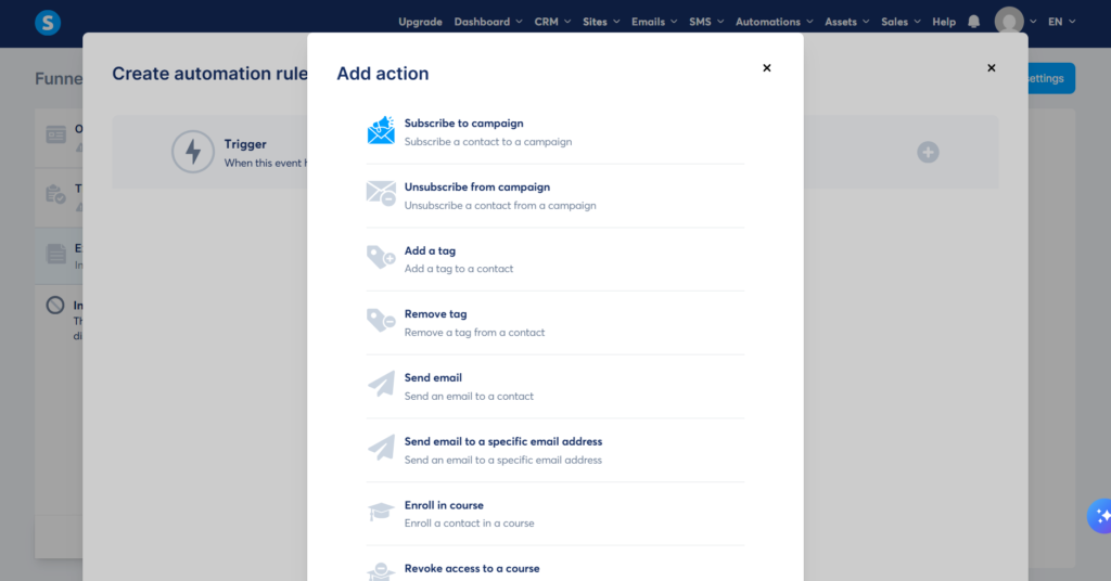 Setting up subscribe to campaign email action trigger inside systeme.io