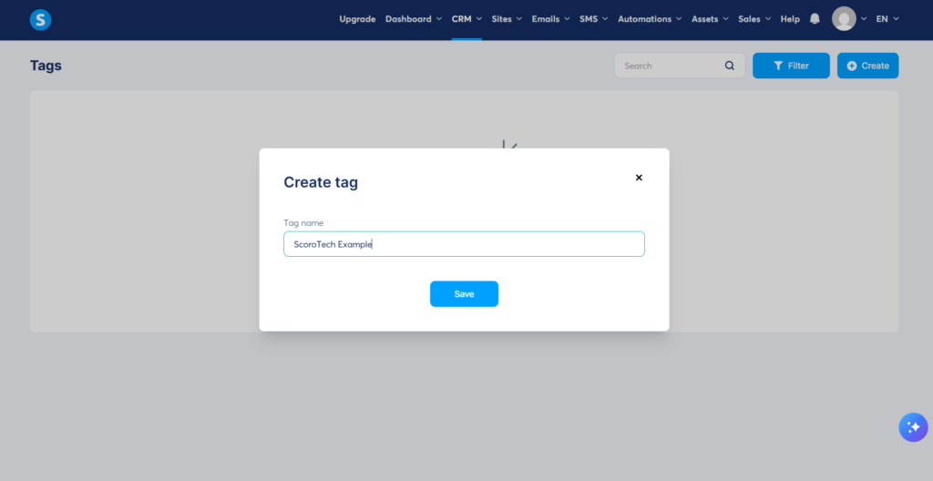 Systeme.io contact tag creation workspace dashboard